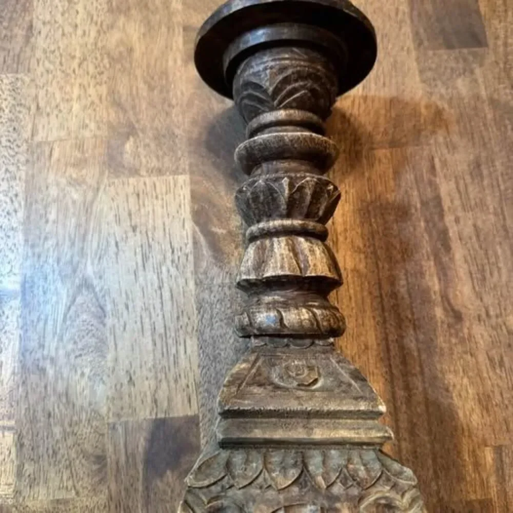 Vintage Hand-Carved Wood Candlestick – 12” Tall | Global Boho Décor